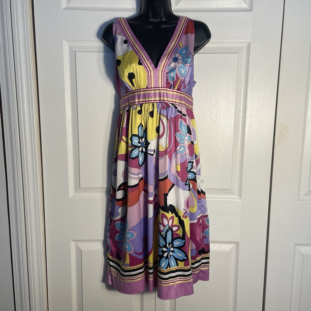 Vintage Mixit Floral Sleeveless Dress‎ Women 14 Pink Yellow Y2K Low Cut V Neck